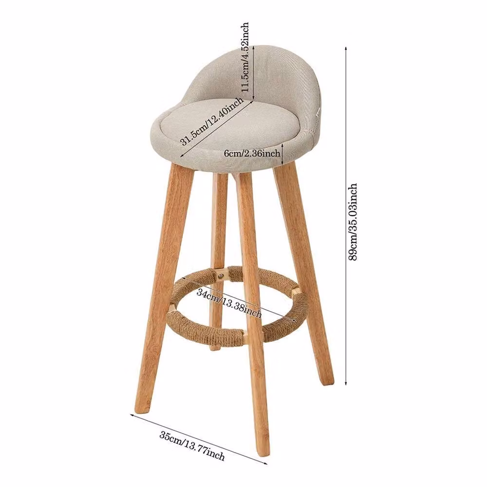 EONLION Set of 2 Beige Fabric Padded Wood Bar Stools with Backrest and Rubberwood Frame, Height: 100 cm – 2