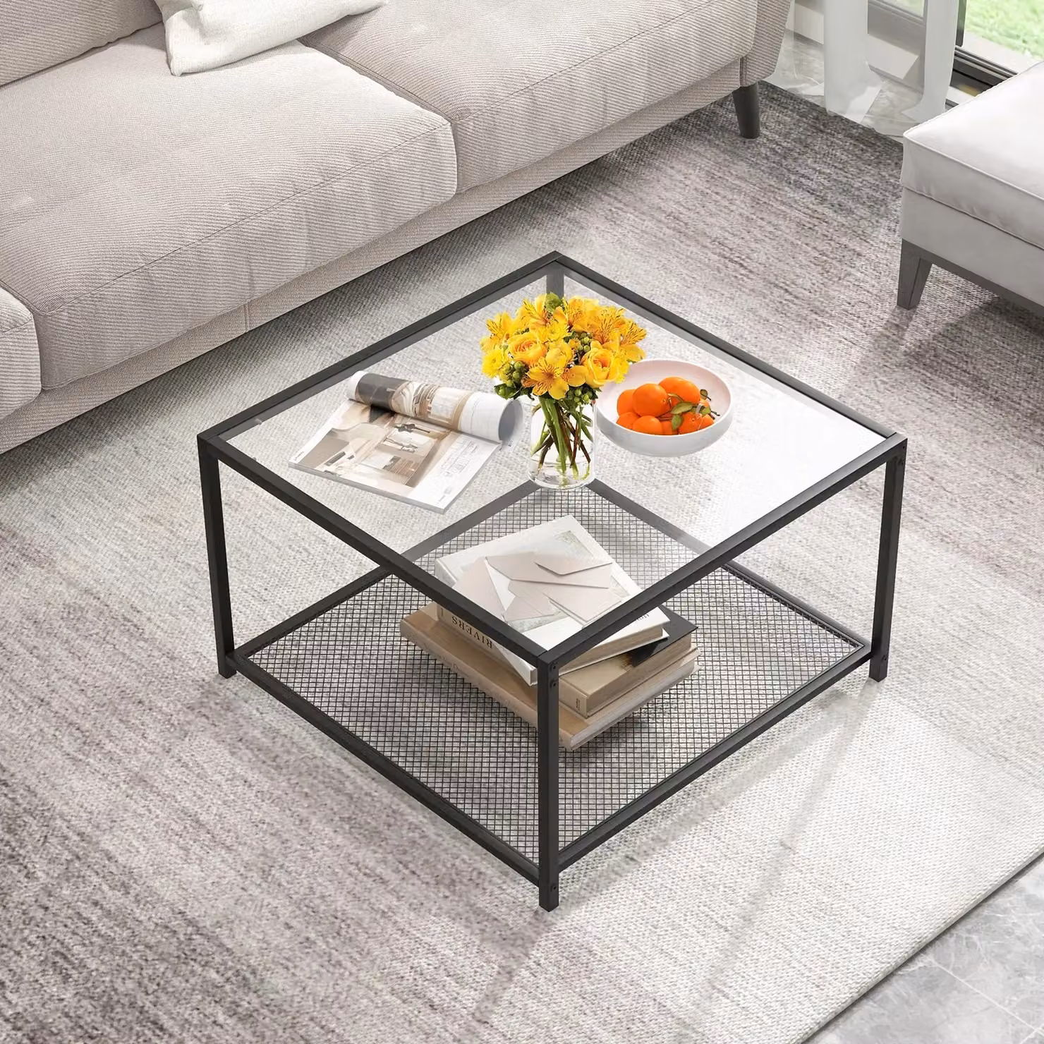 Costway Modern Square Glass Top Coffee Table in Transparent – 3