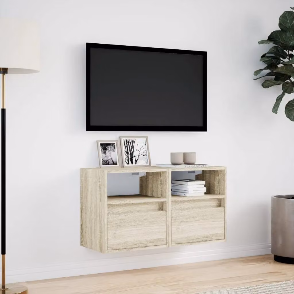 Berkfield Home Set of 2 TV Wall Cabinets with LED Lights in Sonoma Oak Brown, W: 41 cm, D: 31 cm, H: 45 cm – 2