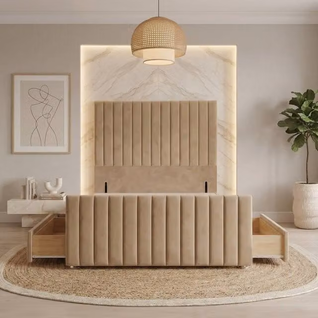 Somnior Eleanor Velvet Divan Base with 4 Drawers, 54 inch Headboard and 22 inch Footboard, Beige, W/D/H: 140 x 200 cm