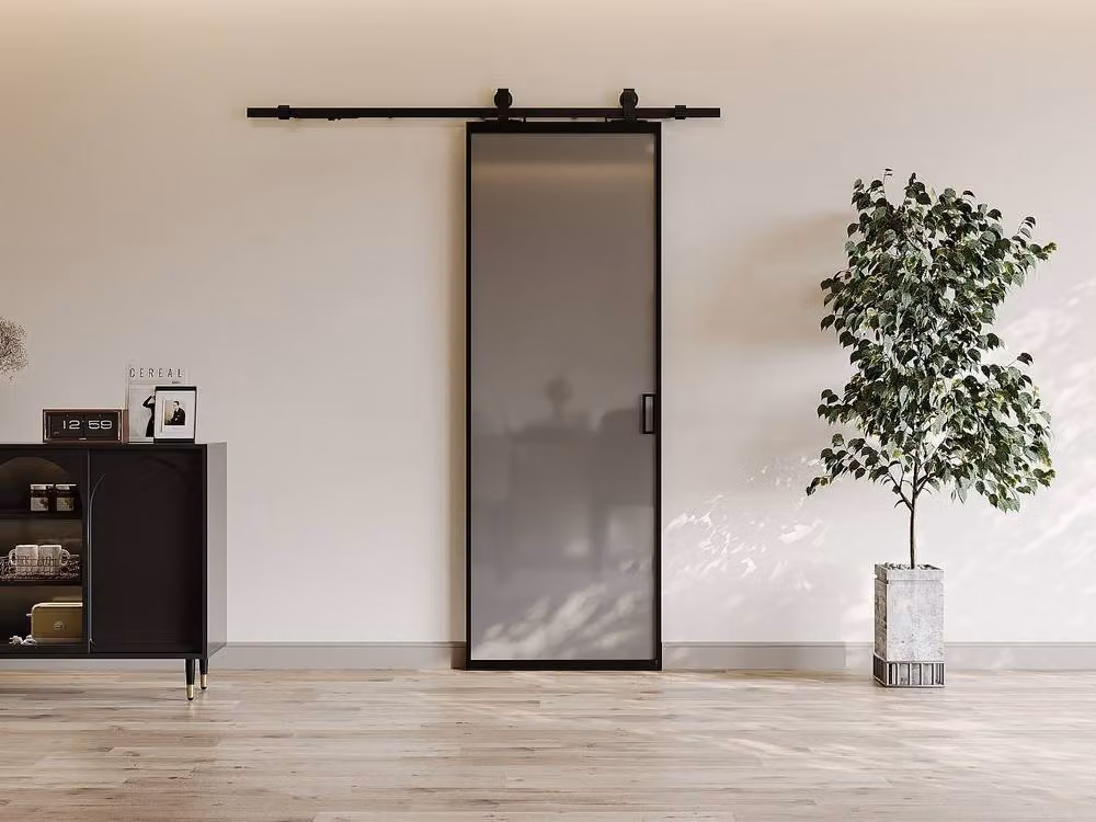 Vente-unique Flush-Mounted Sliding Door in Black with Aluminium and Smoked Tempered Glass, Height: 205 cm – 2