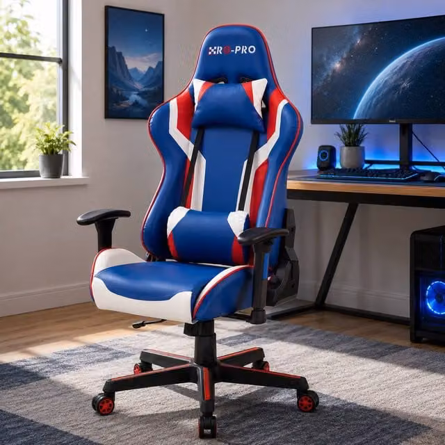 RayGar RG-PRO Gaming Chair in Blue with Synthetic Leather, Height Adjustable, 360 Degree Swivel and Headrest