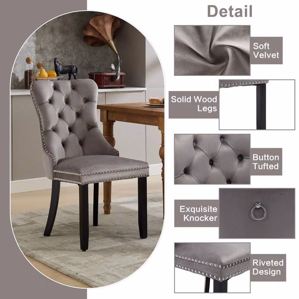 SPETLEK Set of 2 Grey Velvet High Back Dining Chairs with Wooden Legs – 4