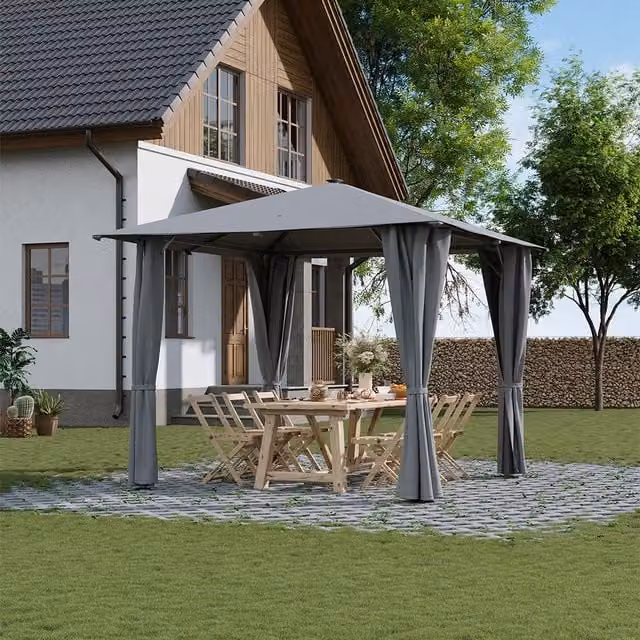 Livingandhome Solar LED Garden Gazebo with Curtains, Light Grey, W/D/H: 300 x 300 x 300 cm