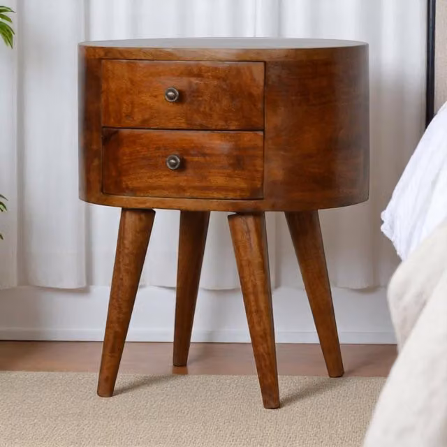 Aosom UK Handcrafted Solid Mango Wood Rounded Bedside Table with 2 Drawers, Brown, W/D/H: 45 x 35 x 54 cm – 1