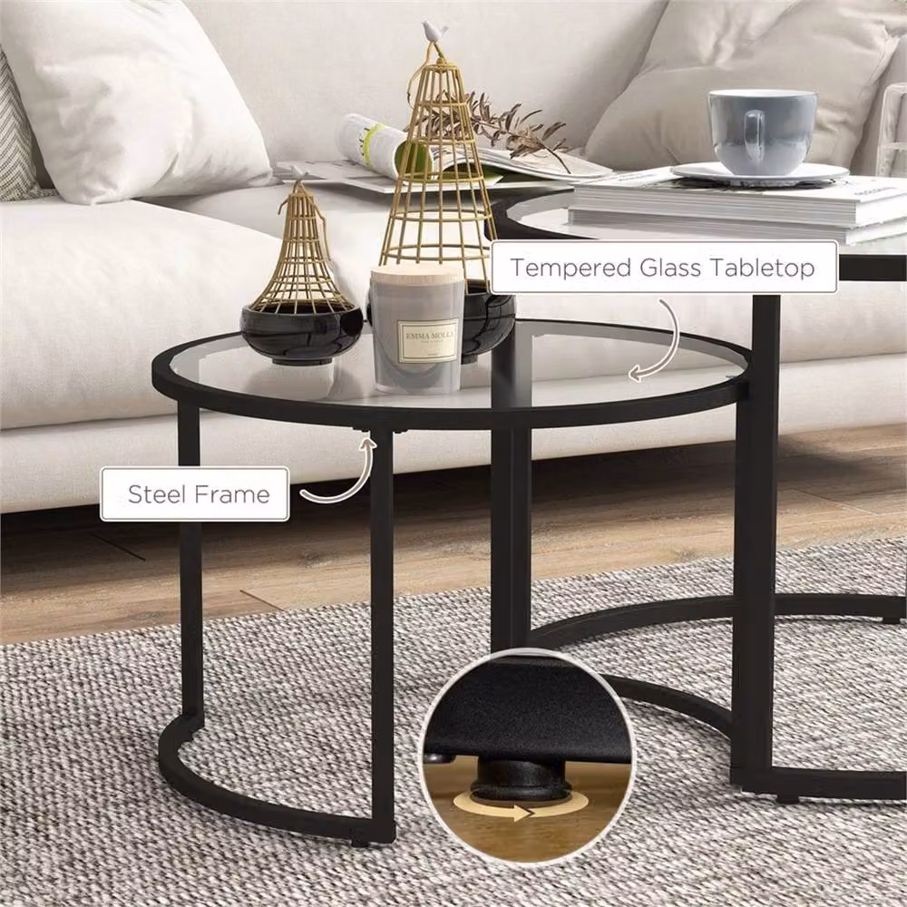 Nordara Black Round Nest of 2 Modern Glass Top Coffee Tables – 3