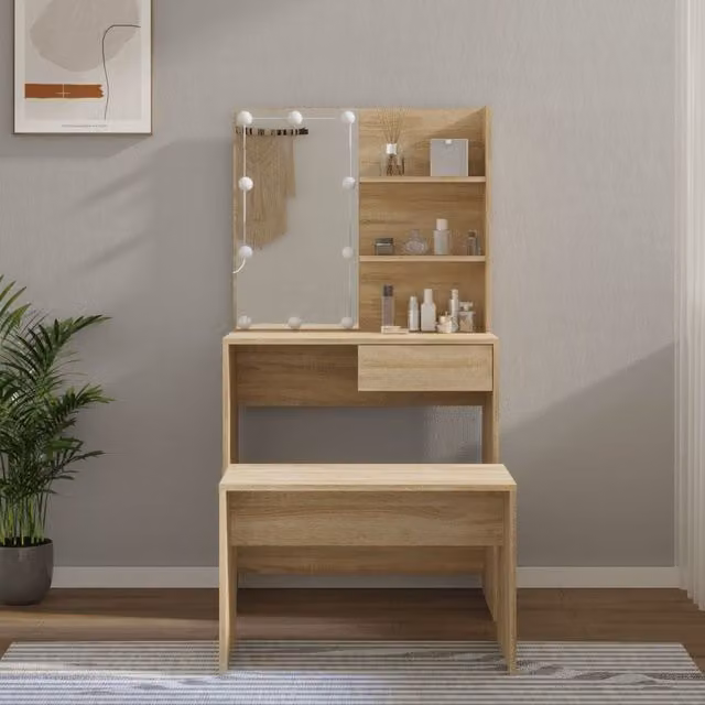 Berkfield Home Hollywood LED Dressing Table Set in Sonoma Oak Brown – 1