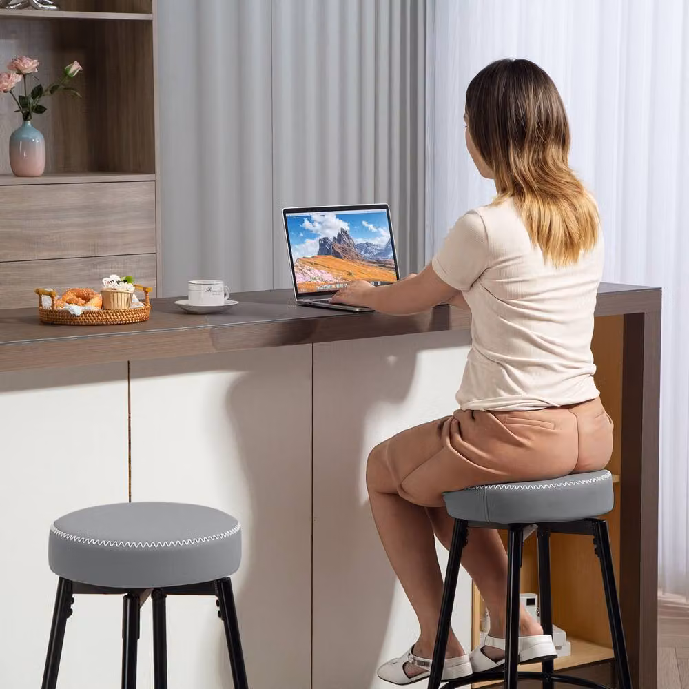 STILVORA Set of 2 Grey Faux Leather Swivel Bar Stools with Metal Base – 7