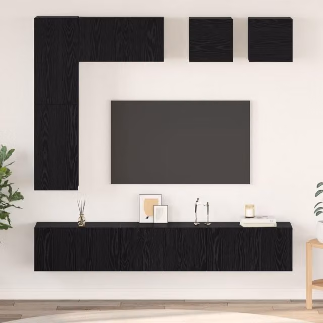 Berkfield Home 8-Piece Black Oak TV Cabinet Set with Lowboard and Open Shelving