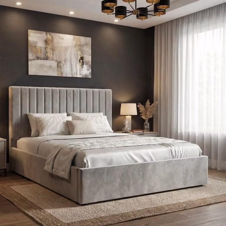DHS Vertical Line Double Ottoman Storage Bed Frame in Light Grey Velvet