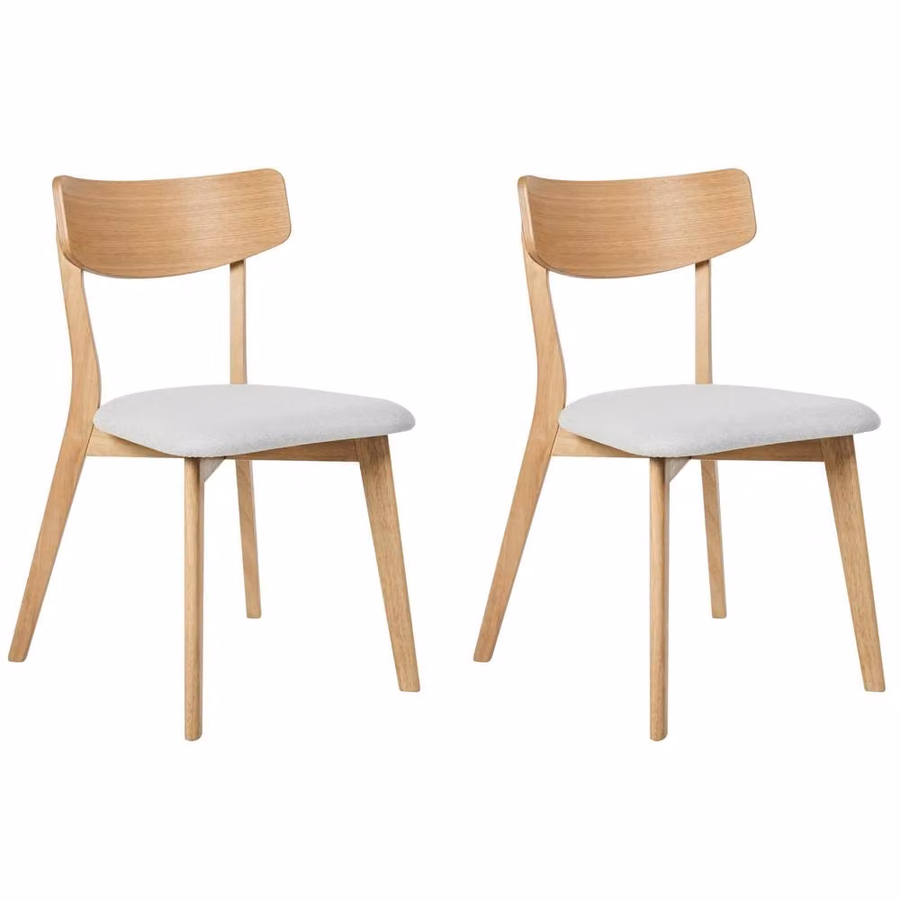 Wyld and Coco Set of 2 Retro Dining Chairs in Light Brown Rubberwood with Grey Fabric Seats – 2