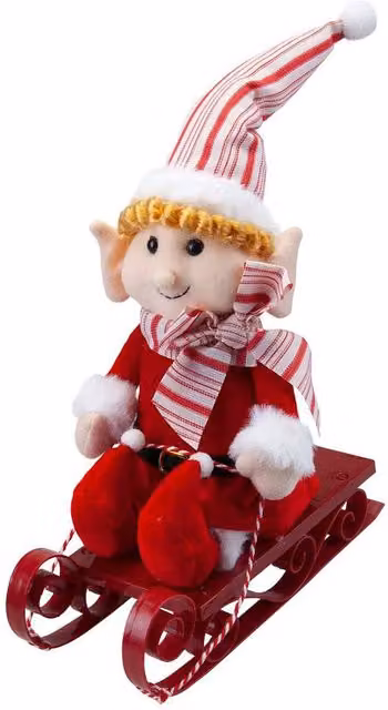 VFM e-Store Christmas Elf on Sledge Tabletop Decoration in Red and White, H 31 cm x W 16 cm – 1