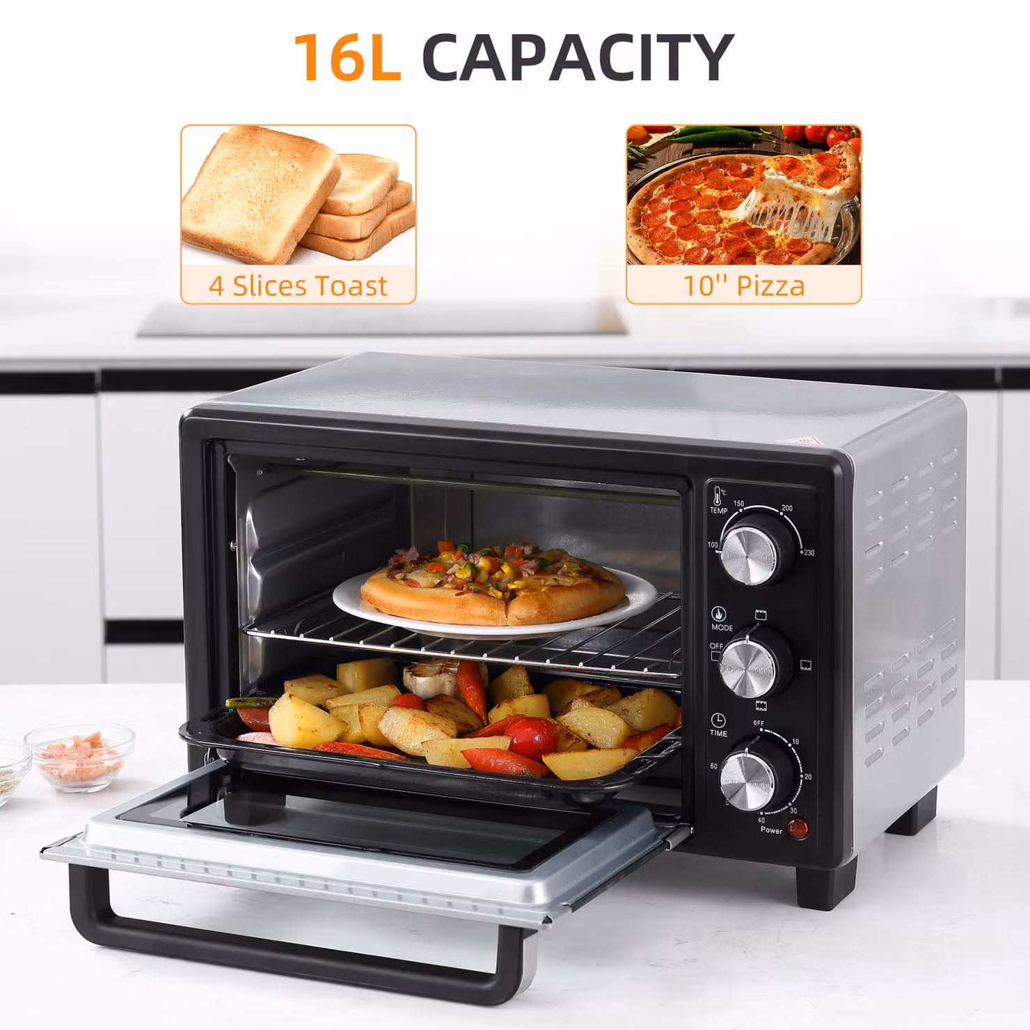 HOMCOM 16L Convection Mini Oven with 1400W Electric Grill, Toaster Oven with Adjustable Temperature, 60 Minute Timer and Crumb Tray – 4
