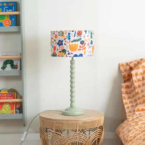 ValueLights Sage Green Bobbin Stem Table Lamp with Jungle Drum Shade and Bulb Included – 2