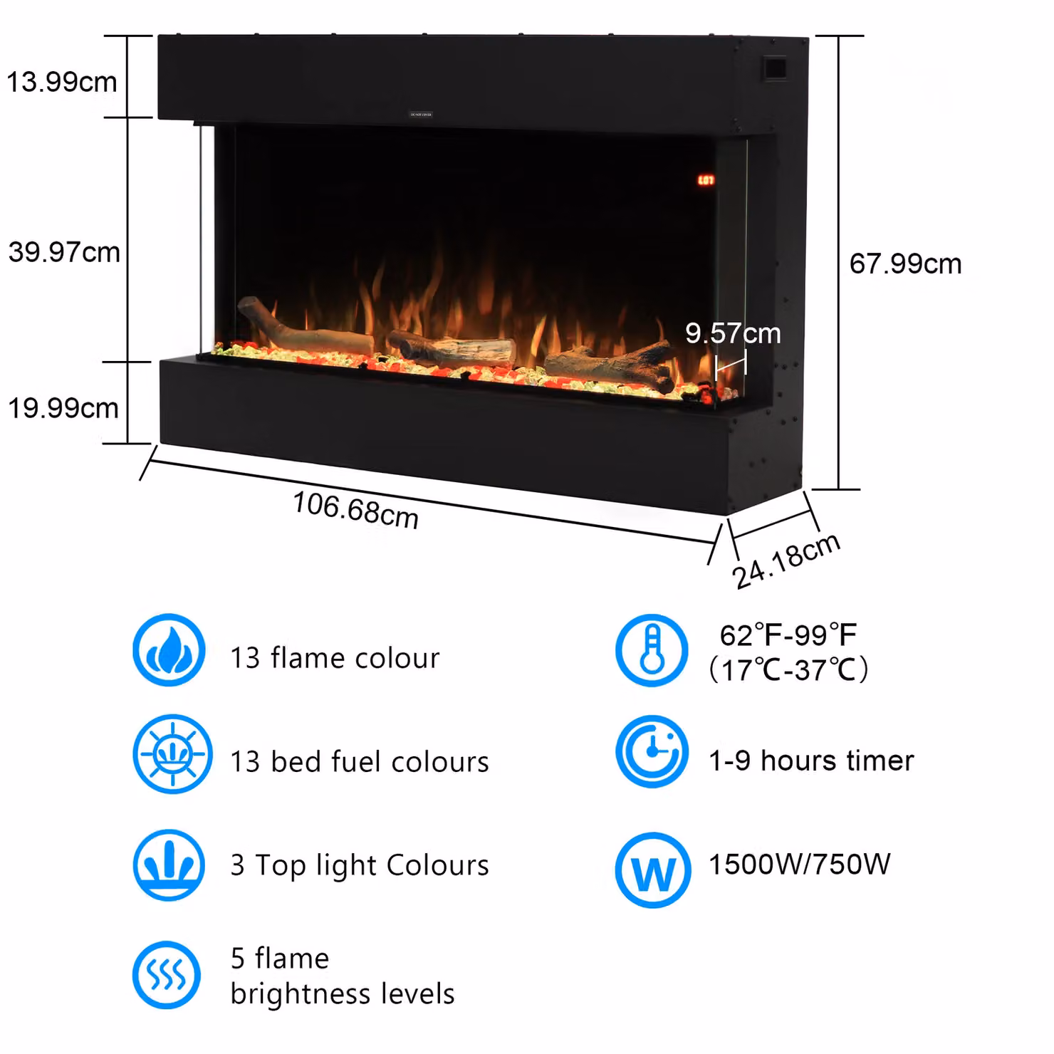 Omni-Burn 3 Sided Electric Fireplace in Black with 13 Colours and Timer, W/D/H: 106 x 25.34 x 68 cm – 5