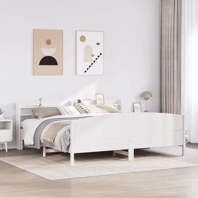 Berkfield Home Super King Bed Frame in White Solid Pine Wood with Side Compartments, 180 x 200 cm