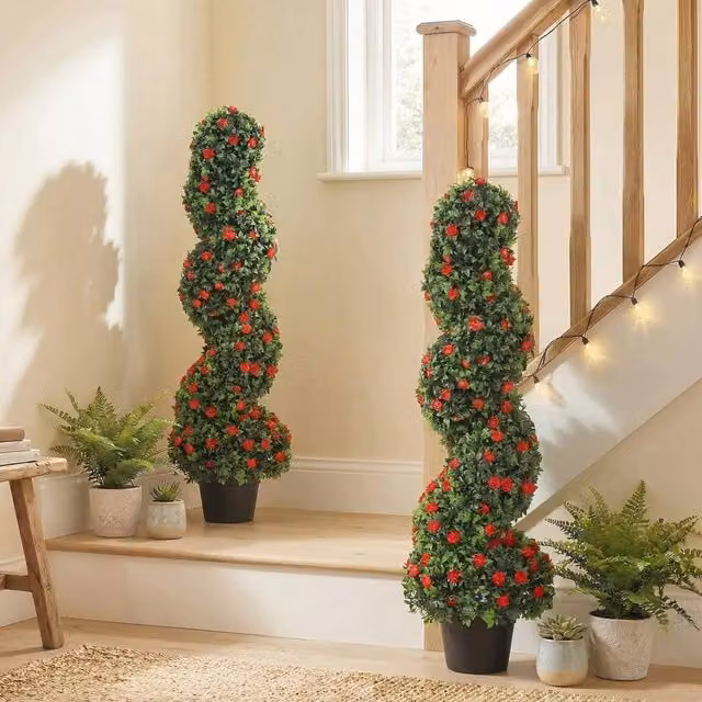 VOGREX Set of 2 Artificial Red Rose Topiary Trees in Green Pots, Height: 90 cm