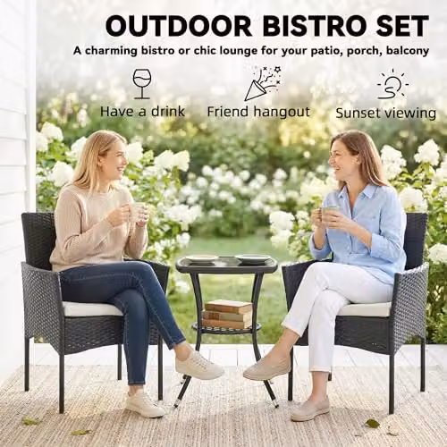 Outsunny 3 Piece Rattan Bistro Set with Upholstered Cushions and Glass-Top Coffee Table in Black and White – 3