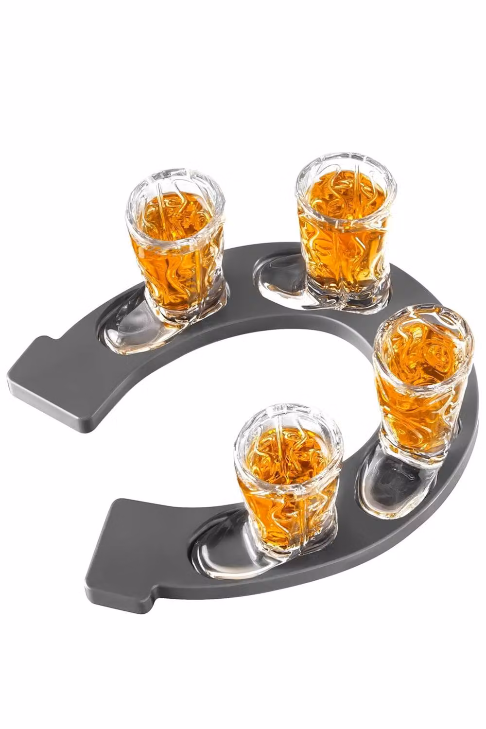 Final Touch Horseshoe Boot Shot Glass Set in Clear, featuring 4 x 1oz Cowboy Boot Glasses and a Horseshoe-Shaped Serving Tray – 4