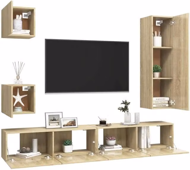 Berkfield Home Practical 5 Piece TV Cabinet Set in Sonoma Oak and Beige, W/D/H: 110 x 30 x 5 cm