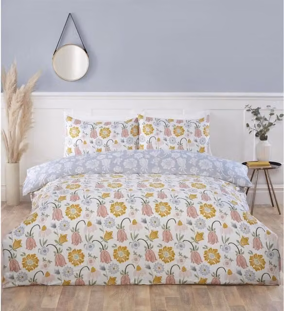 Rapport Reversible Floral Microfibre Duvet Cover and Pillowcase Set in White and Multicolour, W: 140 cm, L: 200 cm