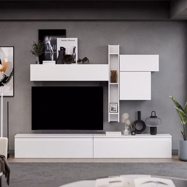 Decorotika Avignon Modern Wall Mounted Entertainment Center in High Gloss White