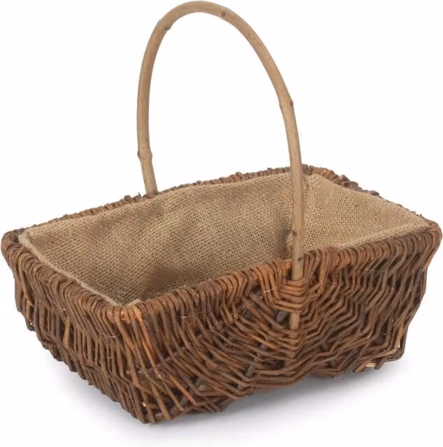 Red Hamper Small Rectangular Unpeeled Willow Garden Trug with Hessian Lining in Brown and Red – 1