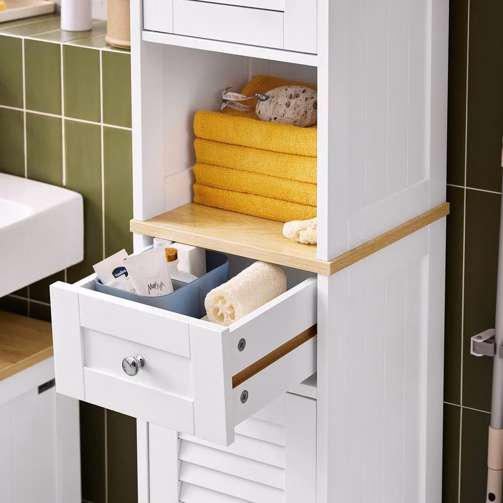 SoBuy Modern White Freestanding Bathroom Tall Cabinet with Hinged Doors and Internal Shelves, Height: 170 cm – 3