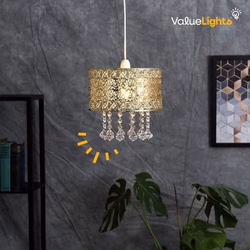 MiniSun Modern Gold Cylinder Ceiling Light Shade with Jewel Droplets, Shade Width: 25 cm – 3