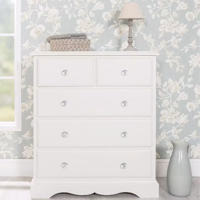 Romance 2 over 3 Chest of Drawers in Antique White with Diamond Shape Crystal Handles