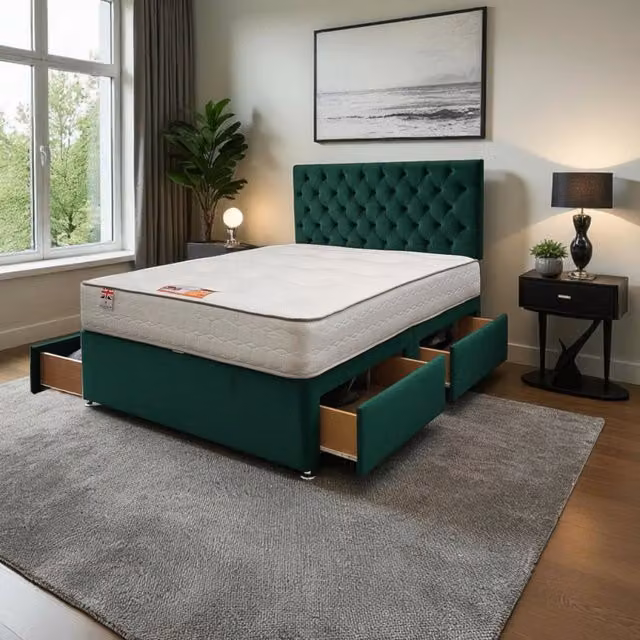 Knight Sleep Athens Plush Upholstered Bed Set with Mattress and Headboard in Green, W/D/H: 120 x 200 cm