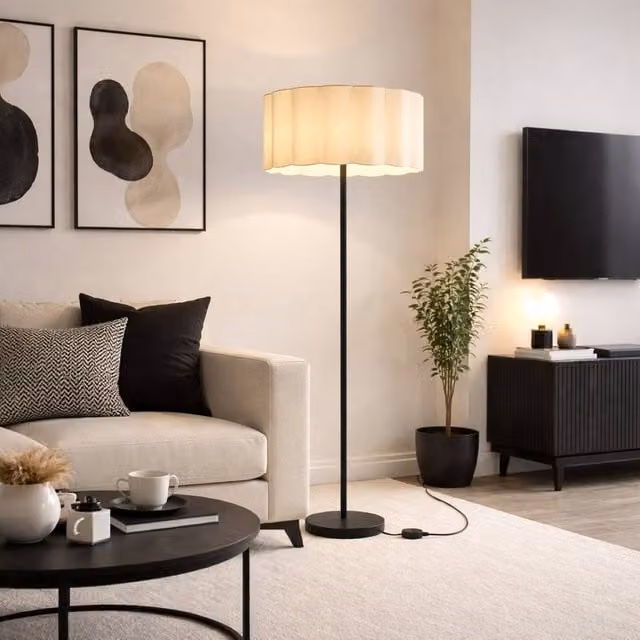 CGC Lighting Lena Matt Black Straight Floor Lamp with Large Scalloped Cream Fabric Lampshade