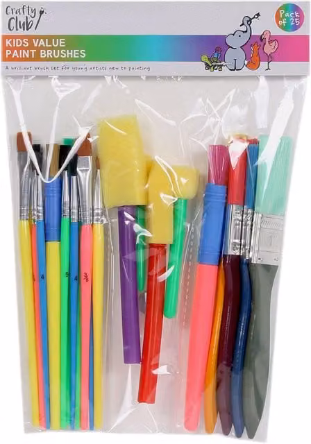 Crafty Club Pack of 25 Multicolour Plastic Kids Value Paint Brushes