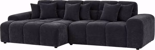 Furnishings For Less UK Jenson Black Left Hand Facing Plush Velvet Corner Sofa with Chaise and Scatter Cushions