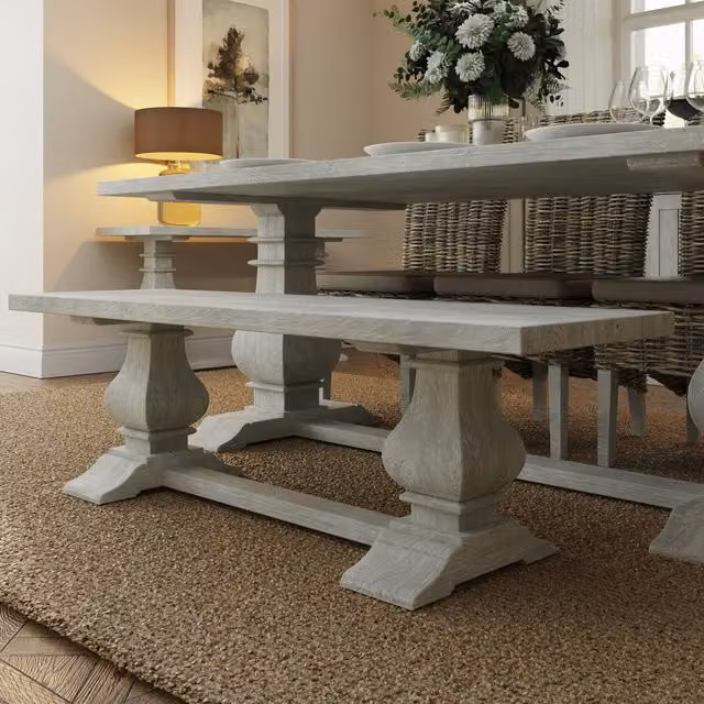 FWStyle Solid Limewashed Pine Dining Bench in Brown and Grey