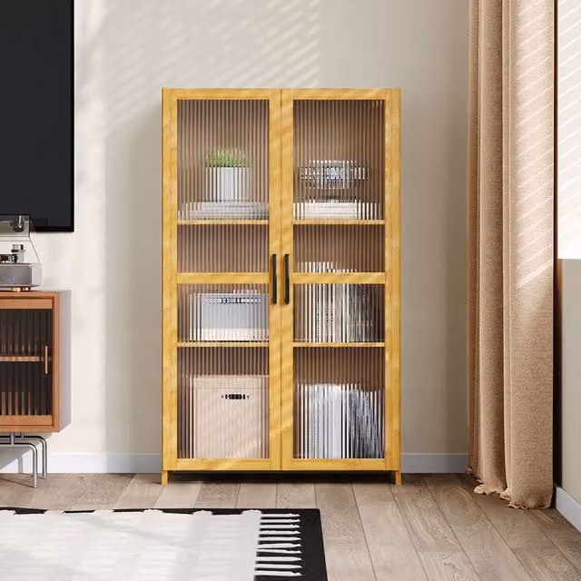 Livingandhome Modern Narrow Storage Cabinet with Glass Doors in Brown and Wood, Height: 100 cm