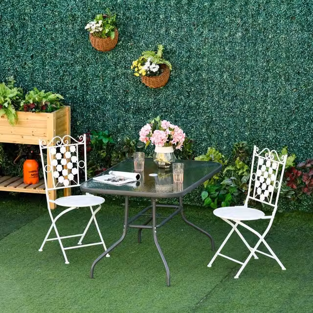OUTSUNNY Modern Garden Dining Table with Glass Top and Metal Frame in Grey
