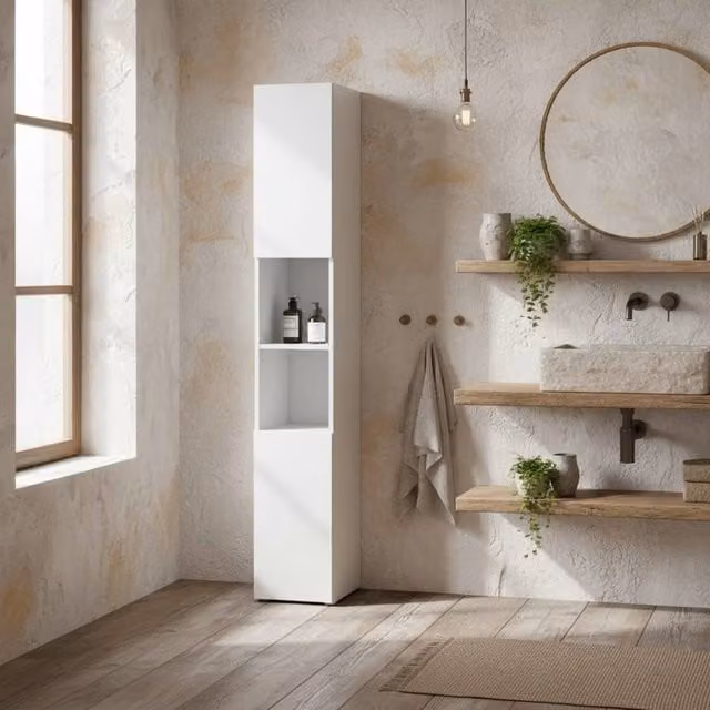 Wyld Haus Yoco High Gloss White Freestanding Bathroom Storage Cabinet with Hinged Doors and Internal Shelves