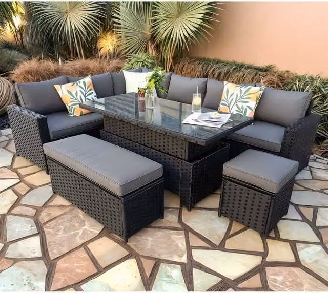 Furniture Maxi Barcelona 9 Seater Rattan Garden Dining Set with Rising Table in Black – 1