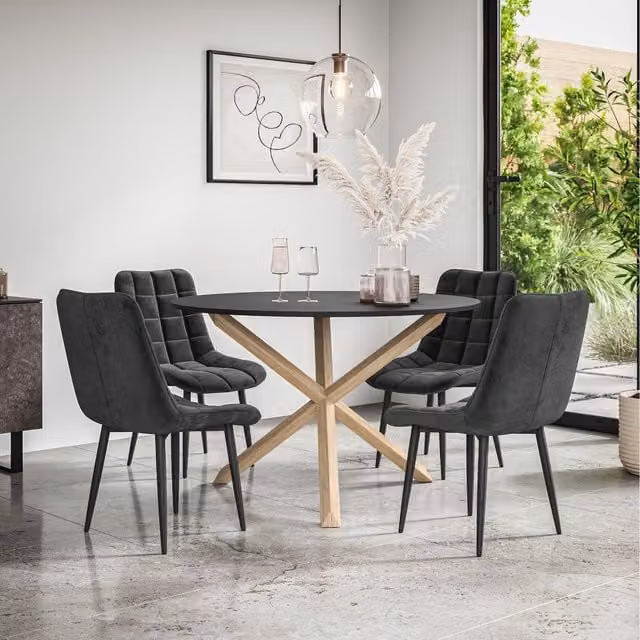 More4Homes Malvern Round Black Dining Table Set with Oak Legs and 4 Nova Velvet Chairs, Diameter: 120 cm, Height: 75 cm