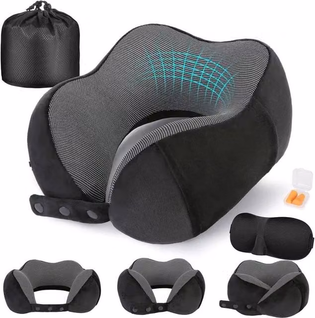 Kelvenix Black Velvet U-Shaped Memory Foam Travel Neck Pillow with Removable Breathable Cover