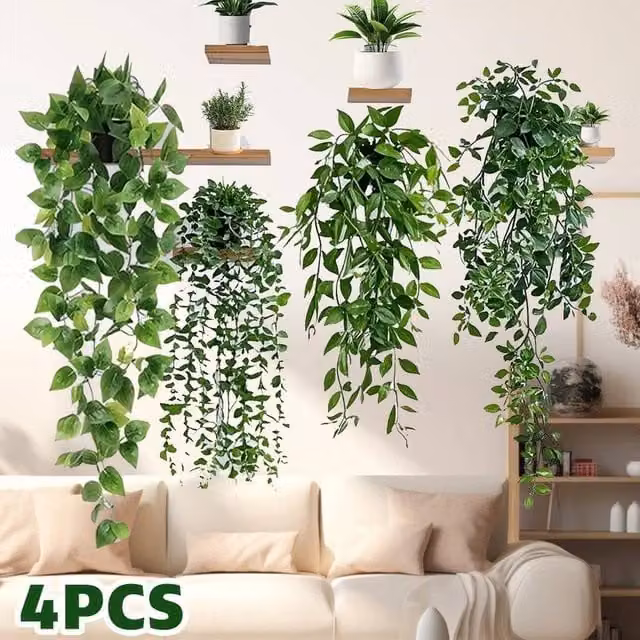 NESTLUNE 4-Pack of Green Artificial Hanging Plants with Pots, Length: 100 cm, Width: 15 cm, Depth: 15 cm – 1