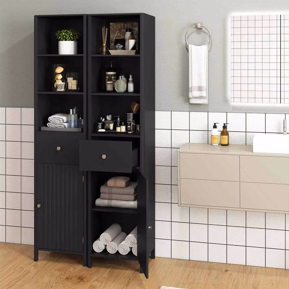 Costway Black Wooden Narrow Bathroom Floor Cabinet with Drawer and Shelves, Height: 170 cm, Width: 30 cm, Depth: 40 cm – 4