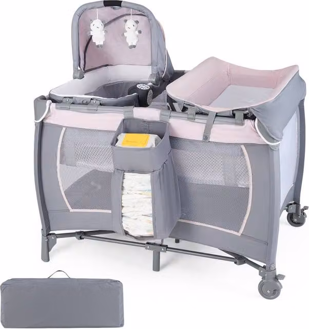 CASART Foldable Nursery Center Bassinet and Baby Playard with Diaper Changing Table in Grey and Multicolour – 1