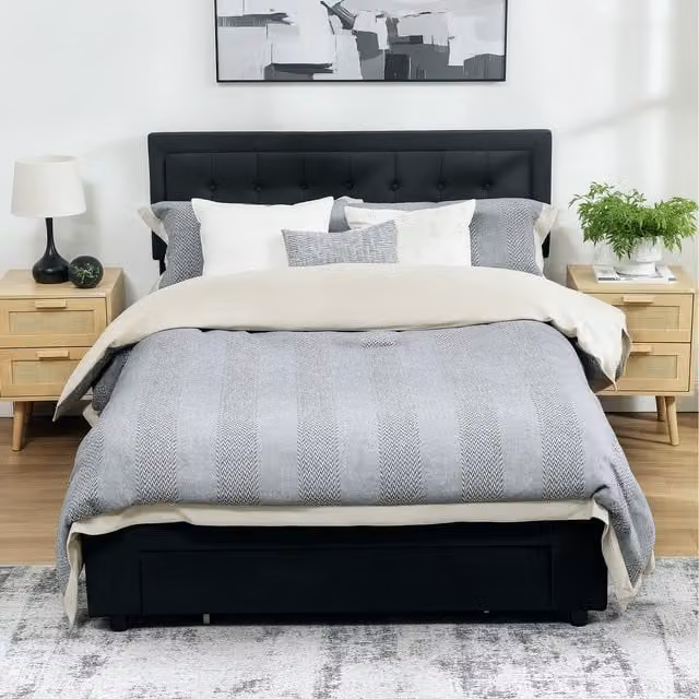 HOMCOM Black Velvet Upholstered Double Bed Frame with Lift Up Base and Wheeled Drawer, W/D/H: 140 x 200 cm