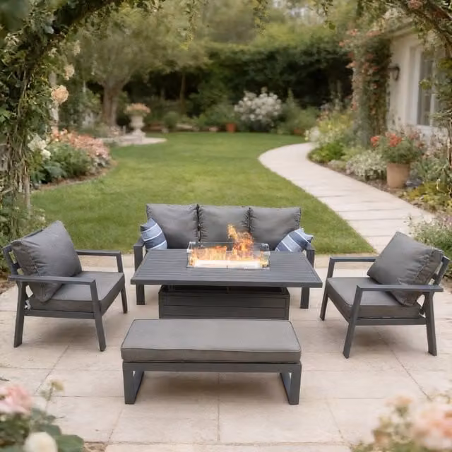 Furniture One 6 Seater Grey Aluminum Garden Furniture Set with Fire Pit and Lift Dining Table and Cushions
