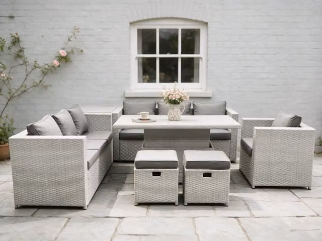 Fimous Height Adjustable Rattan Garden Dining Set with Glass Top in Light Grey – 1