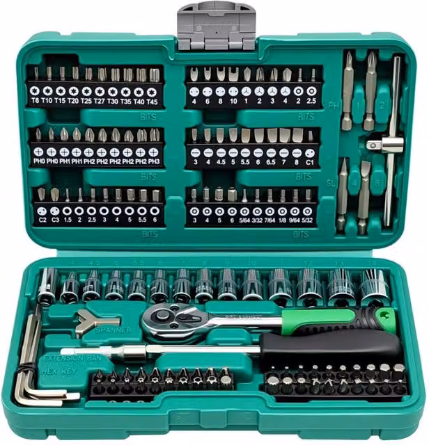 Nordara 130-Piece Ratchet Wrench and Socket Set with 13 Chrome Vanadium Hexagon Sockets in Green