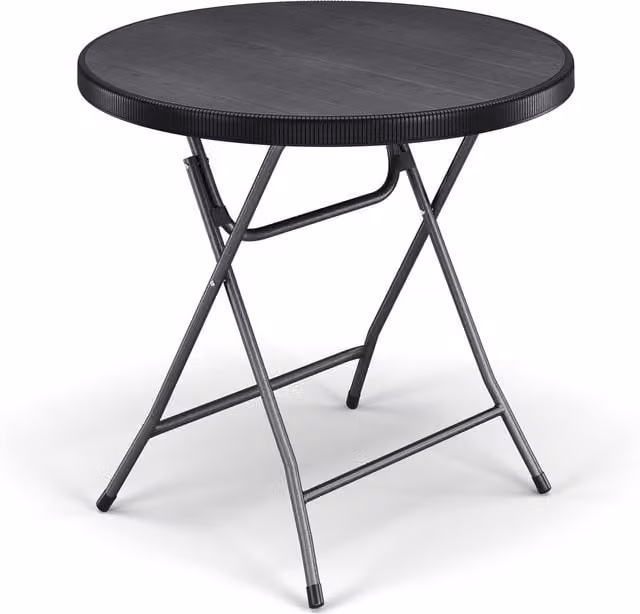 URBNLIVING Round Folding Garden Table in Matt Black Rattan and Metal
