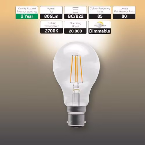BELL Lighting B22 Dimmable LED Filament Globe Bulbs, Warm White, 7W, Pack of 6 – 2